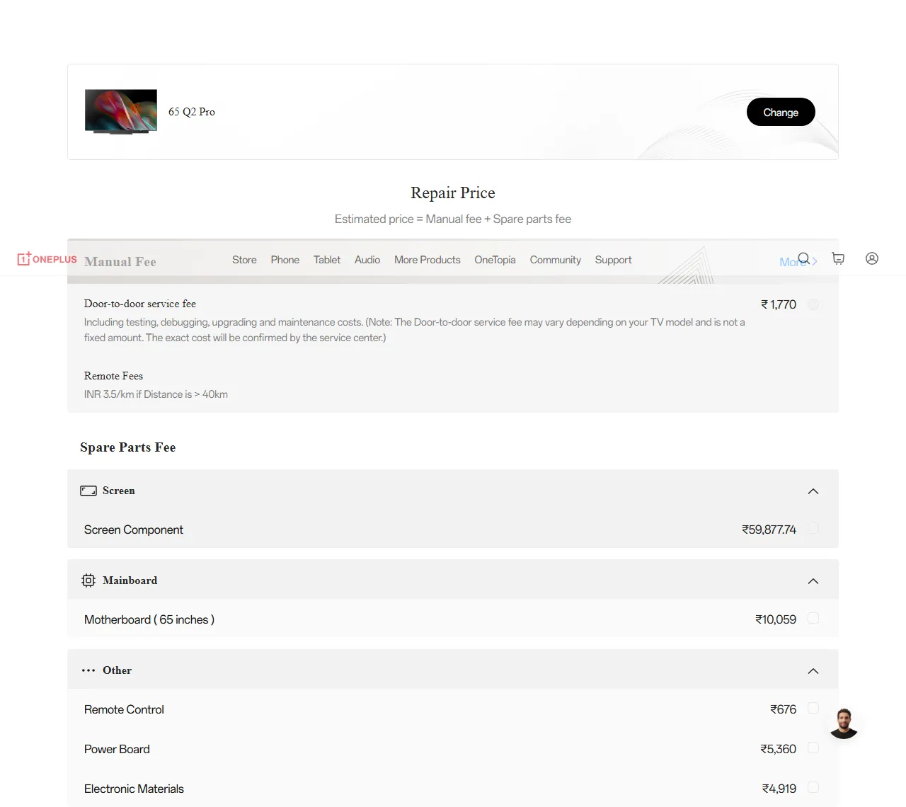 65 Q2 Pro spare parts price list — official OnePlus India catalog