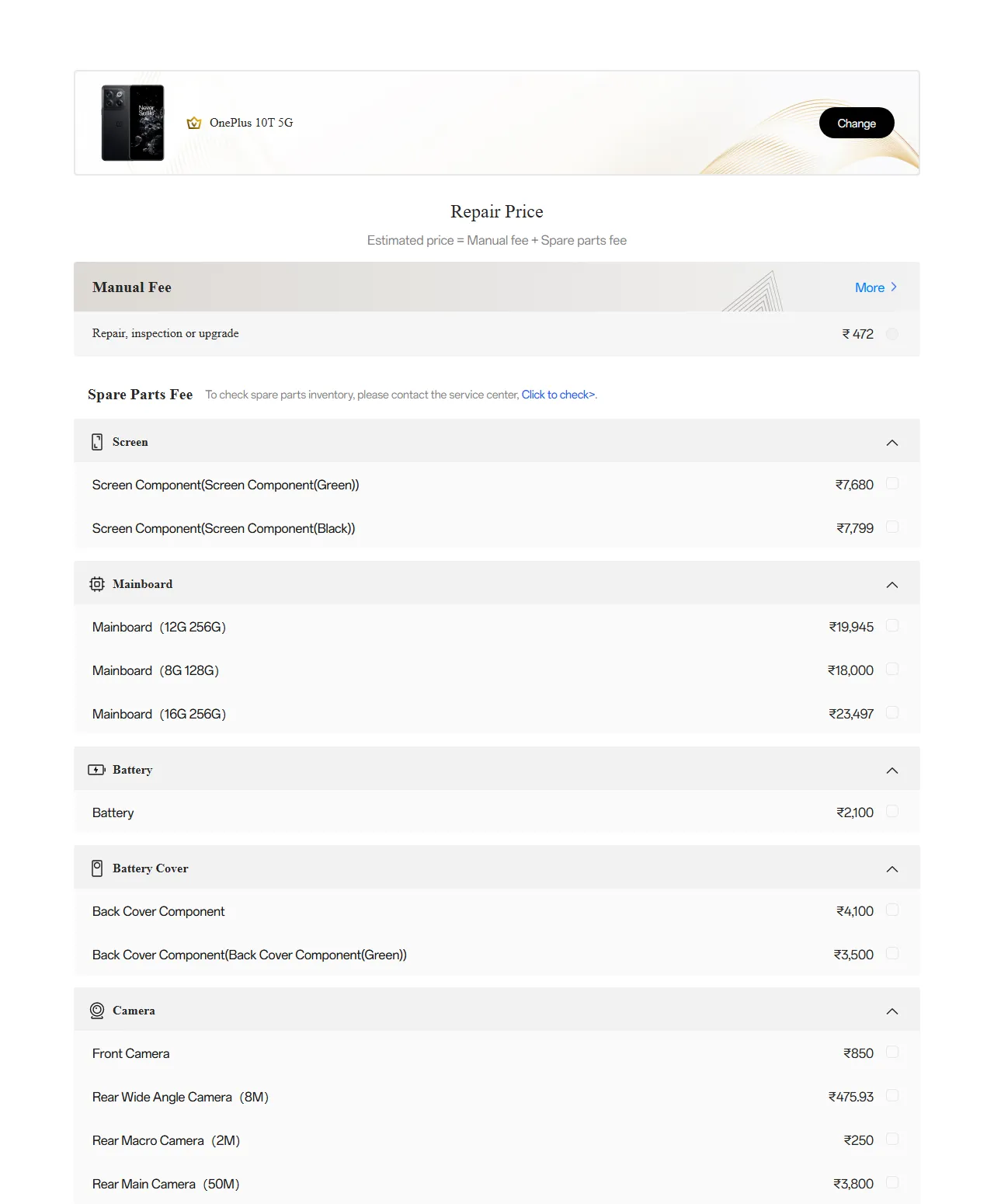 OnePlus 10T 5G spare parts price list — official OnePlus India catalog