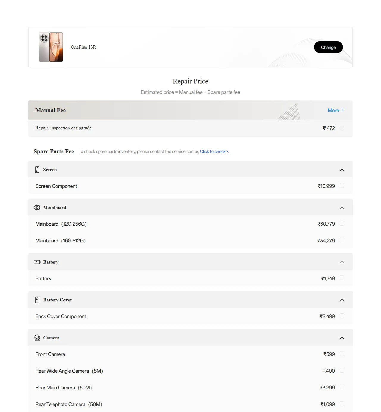 OnePlus 13R spare parts price list — official OnePlus India catalog