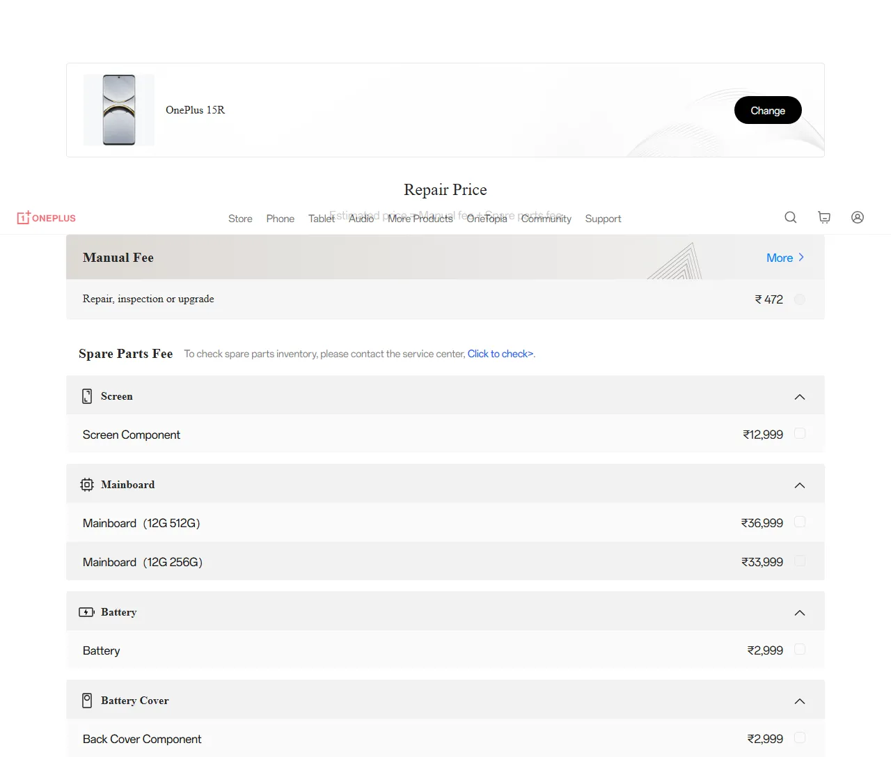 OnePlus 15R spare parts price list — official OnePlus India catalog
