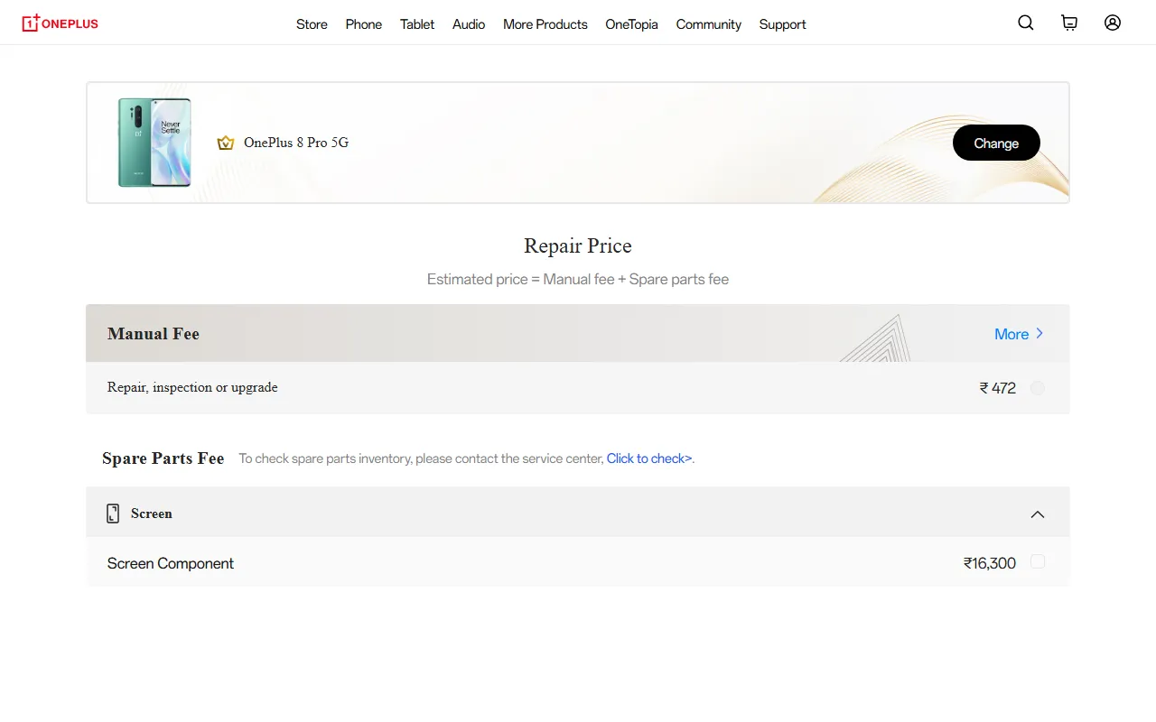 OnePlus 8 Pro 5G spare parts price list — official OnePlus India catalog