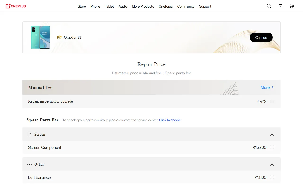 OnePlus 8T spare parts price list — official OnePlus India catalog