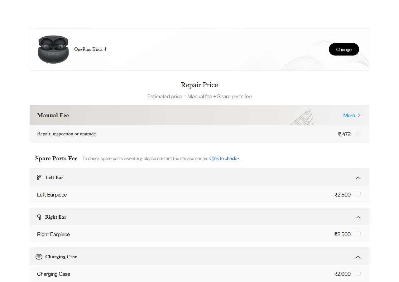OnePlus Buds 4 spare parts price list — official OnePlus India catalog