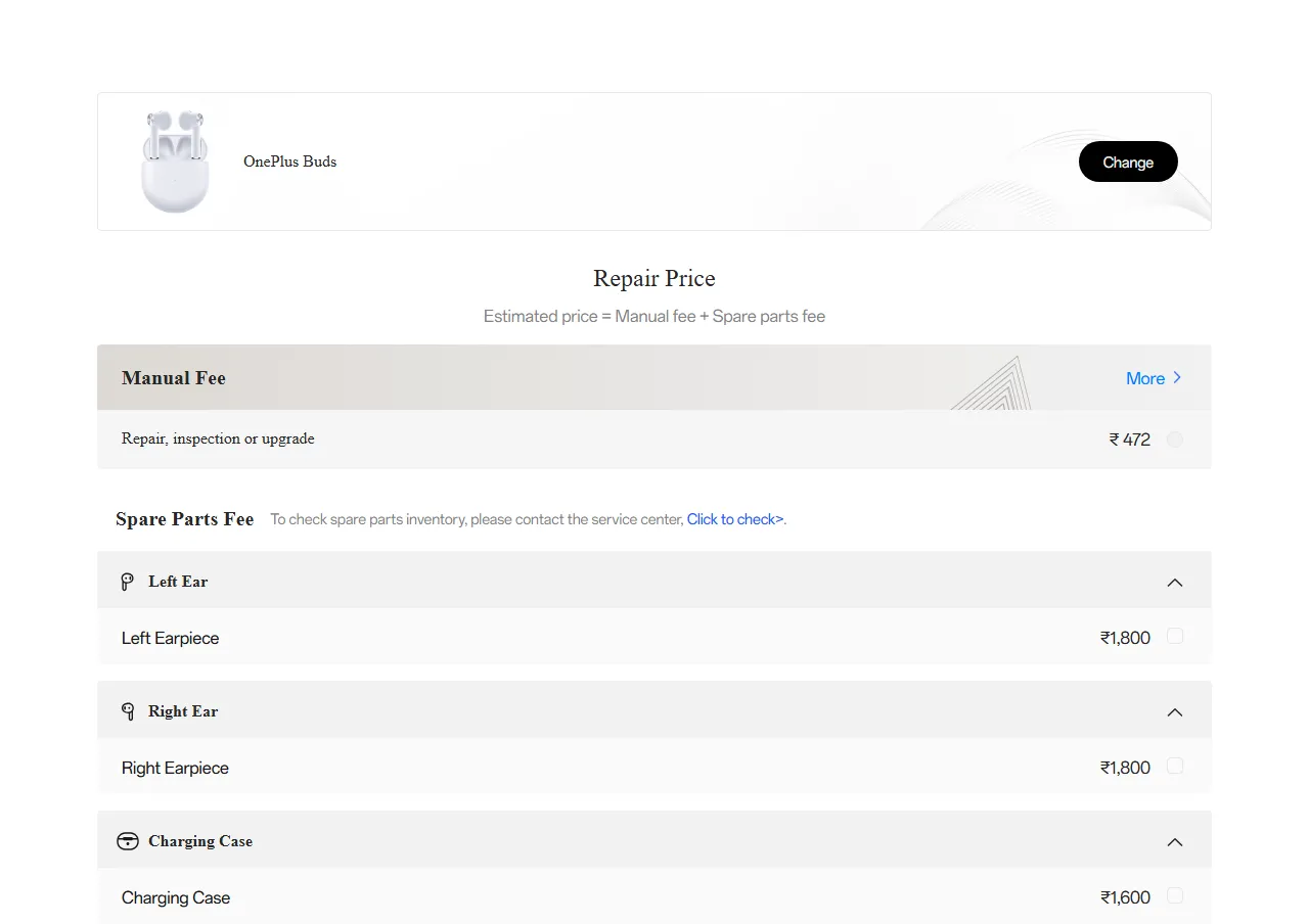 OnePlus Buds spare parts price list — official OnePlus India catalog