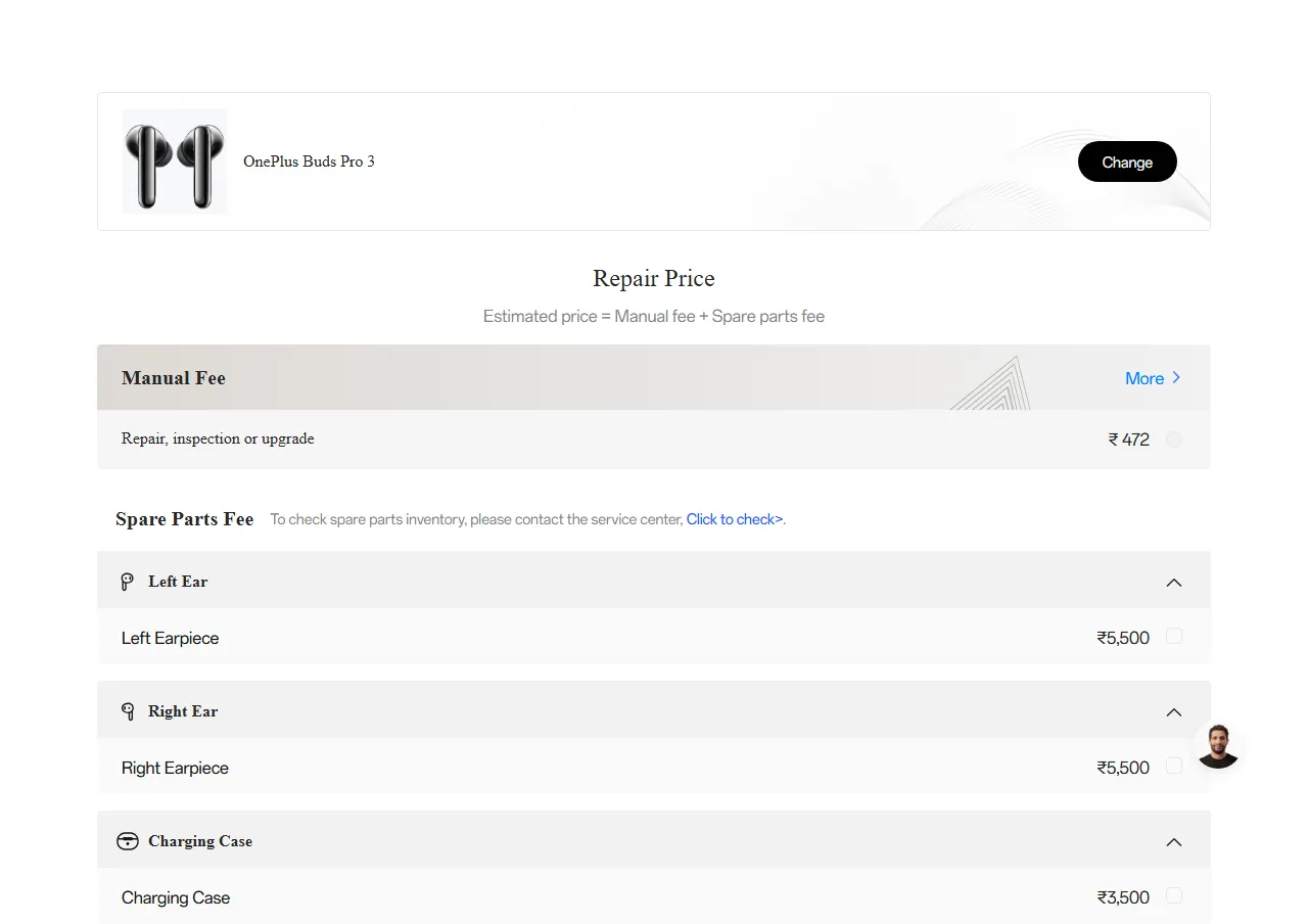 OnePlus Buds Pro 3 spare parts price list — official OnePlus India catalog