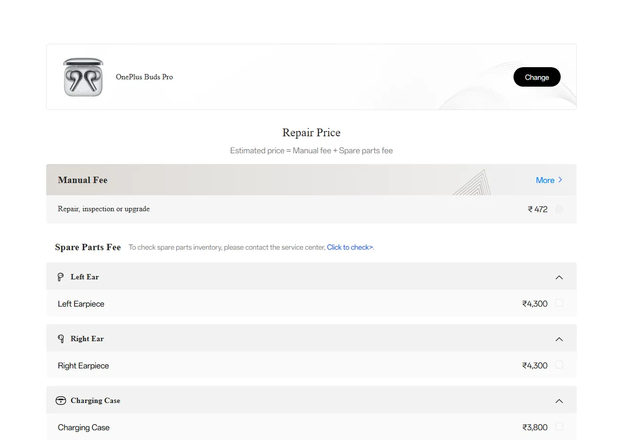OnePlus Buds Pro spare parts price list — official OnePlus India catalog