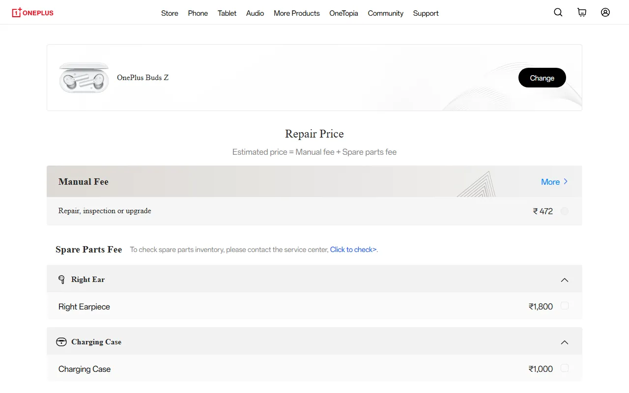 OnePlus Buds Z spare parts price list — official OnePlus India catalog