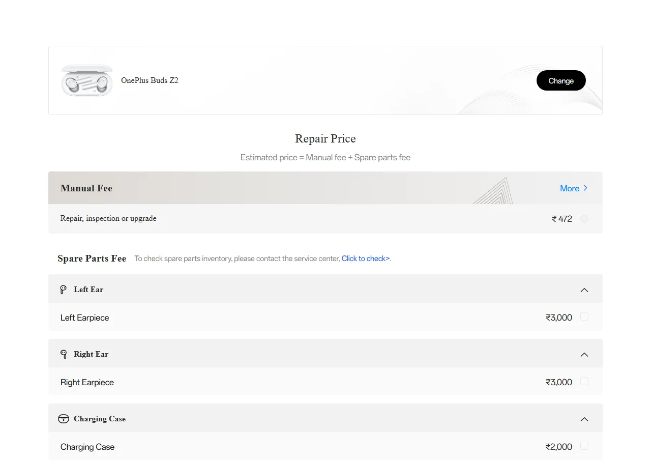 OnePlus Buds Z2 spare parts price list — official OnePlus India catalog