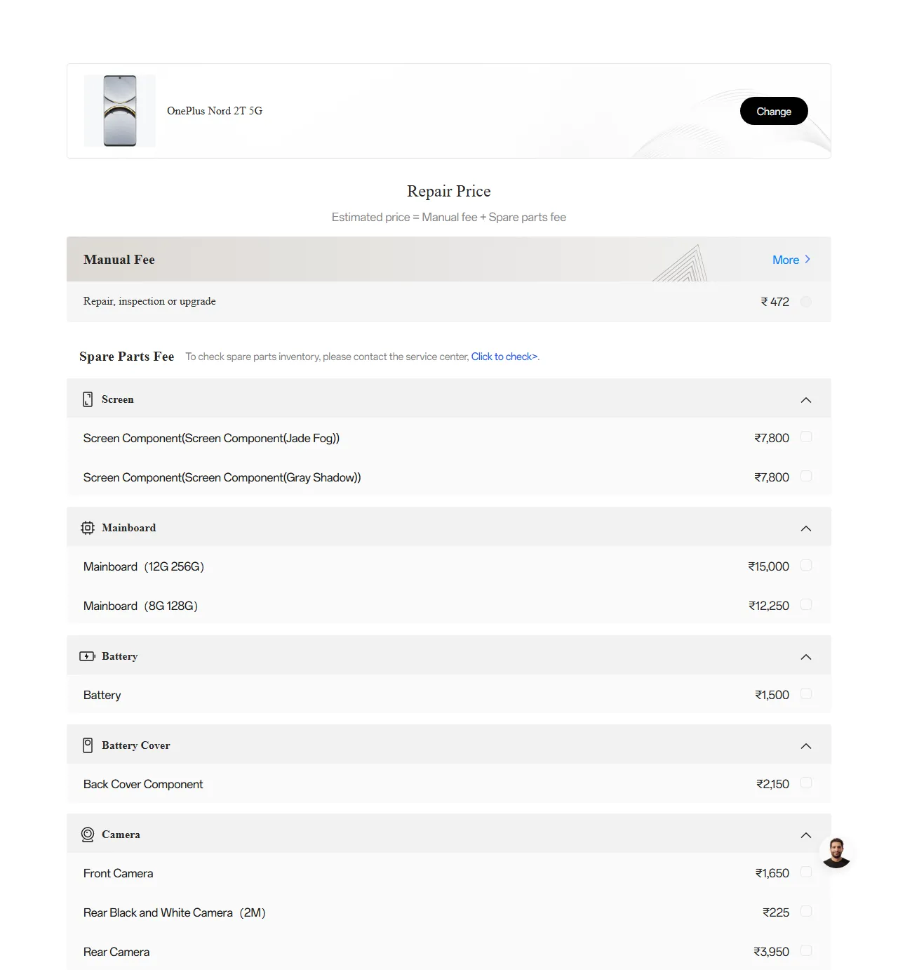 OnePlus Nord 2T 5G spare parts price list — official OnePlus India catalog