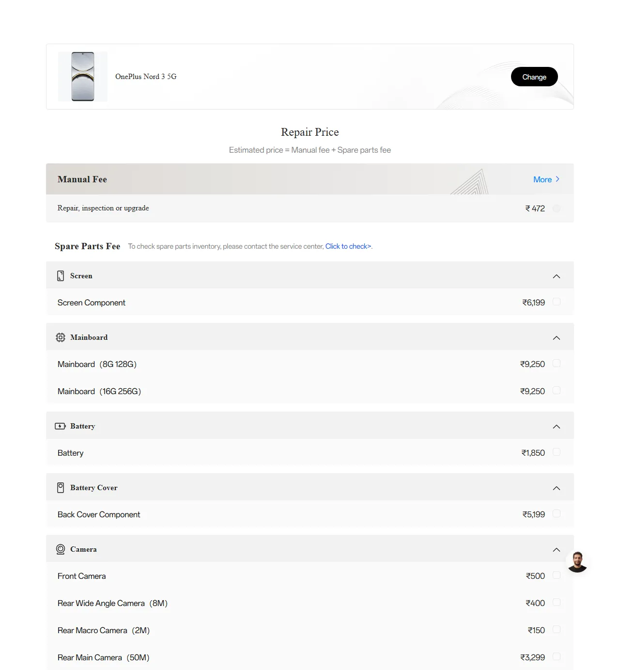 OnePlus Nord 3 5G spare parts price list — official OnePlus India catalog