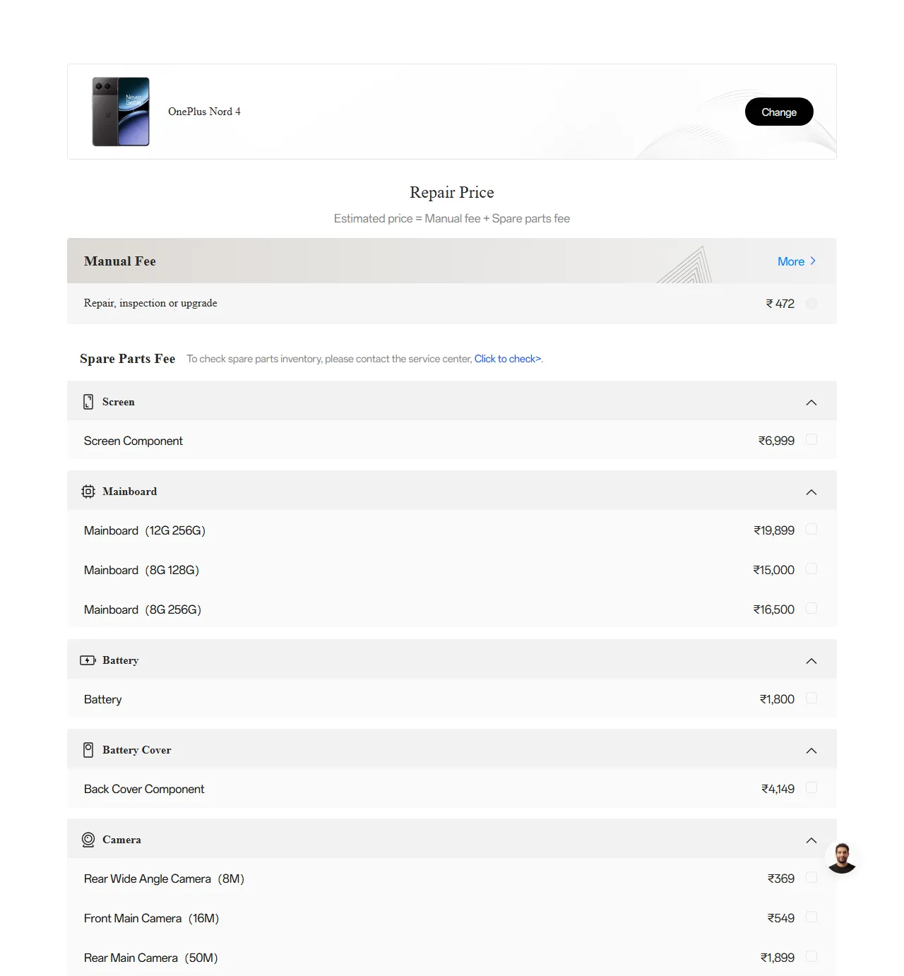 OnePlus Nord 4 spare parts price list — official OnePlus India catalog