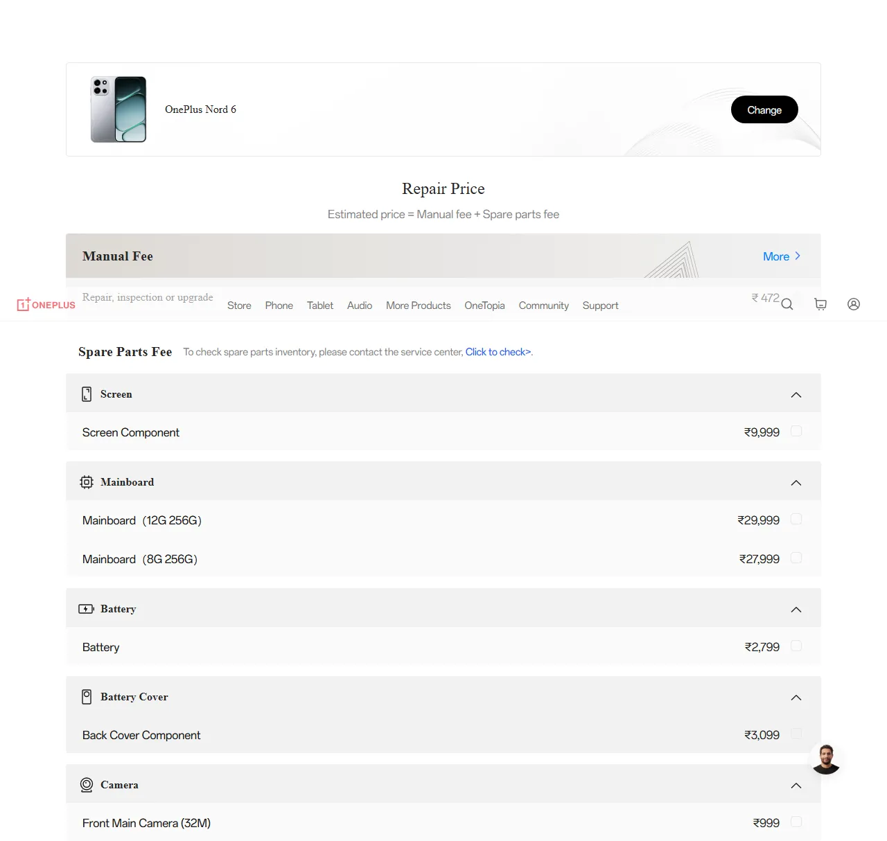 OnePlus Nord 6 spare parts price list — official OnePlus India catalog