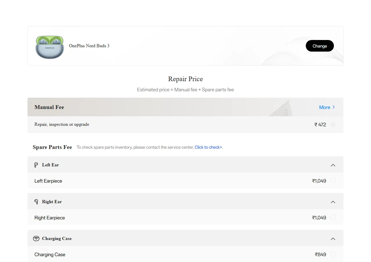 OnePlus Nord Buds 3 spare parts price list — official OnePlus India catalog