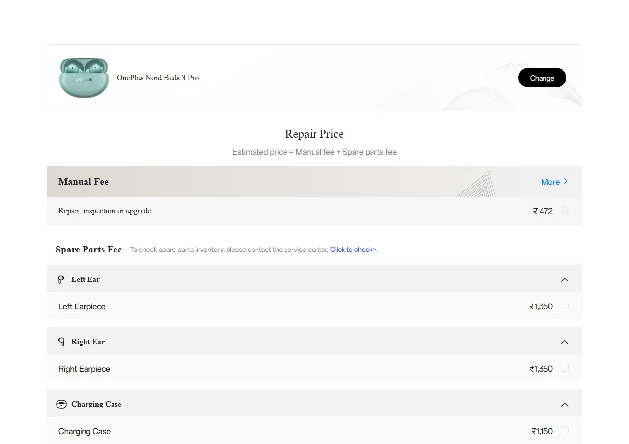 OnePlus Nord Buds 3 Pro spare parts price list — official OnePlus India catalog