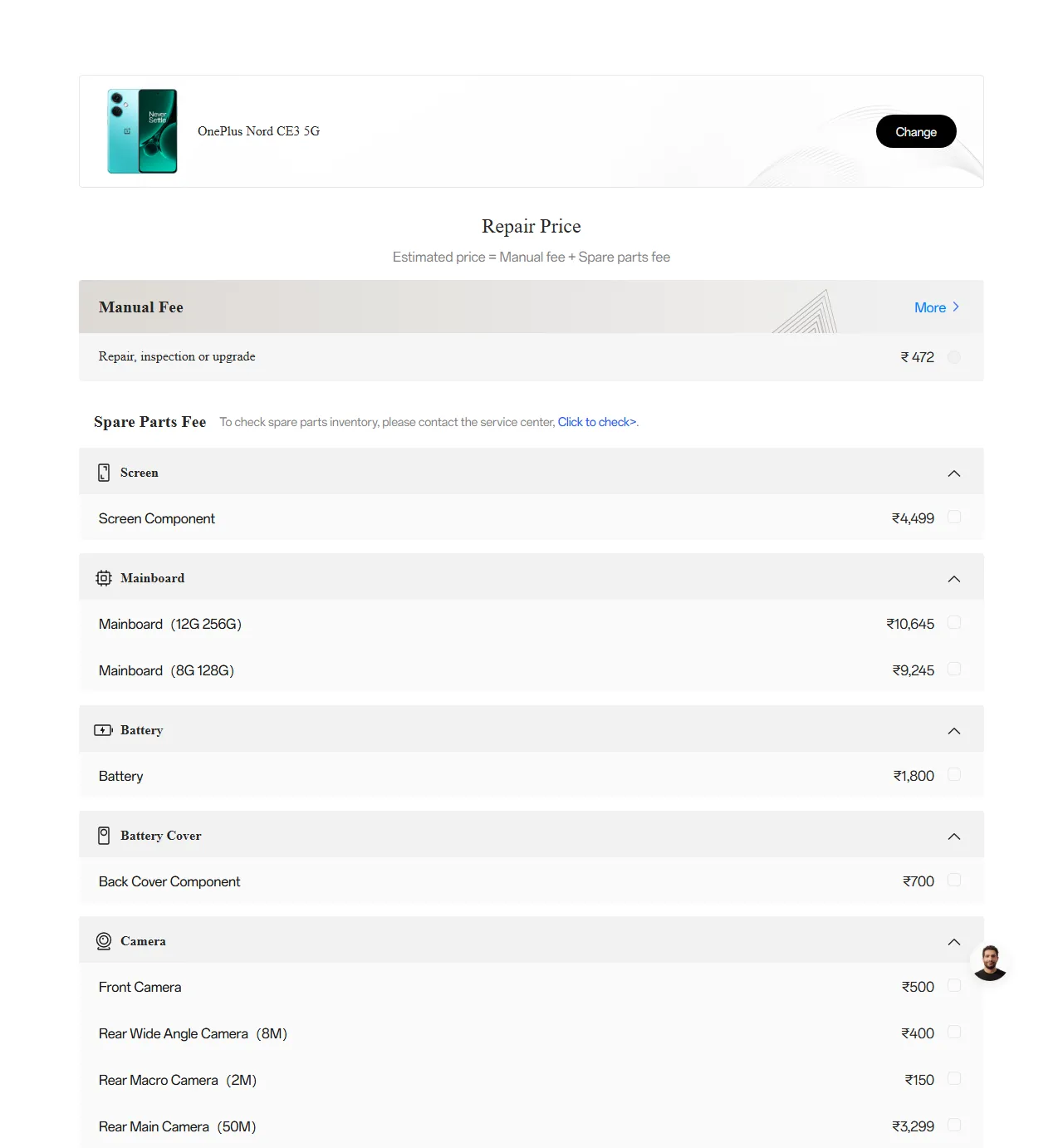 OnePlus Nord CE3 5G spare parts price list — official OnePlus India catalog