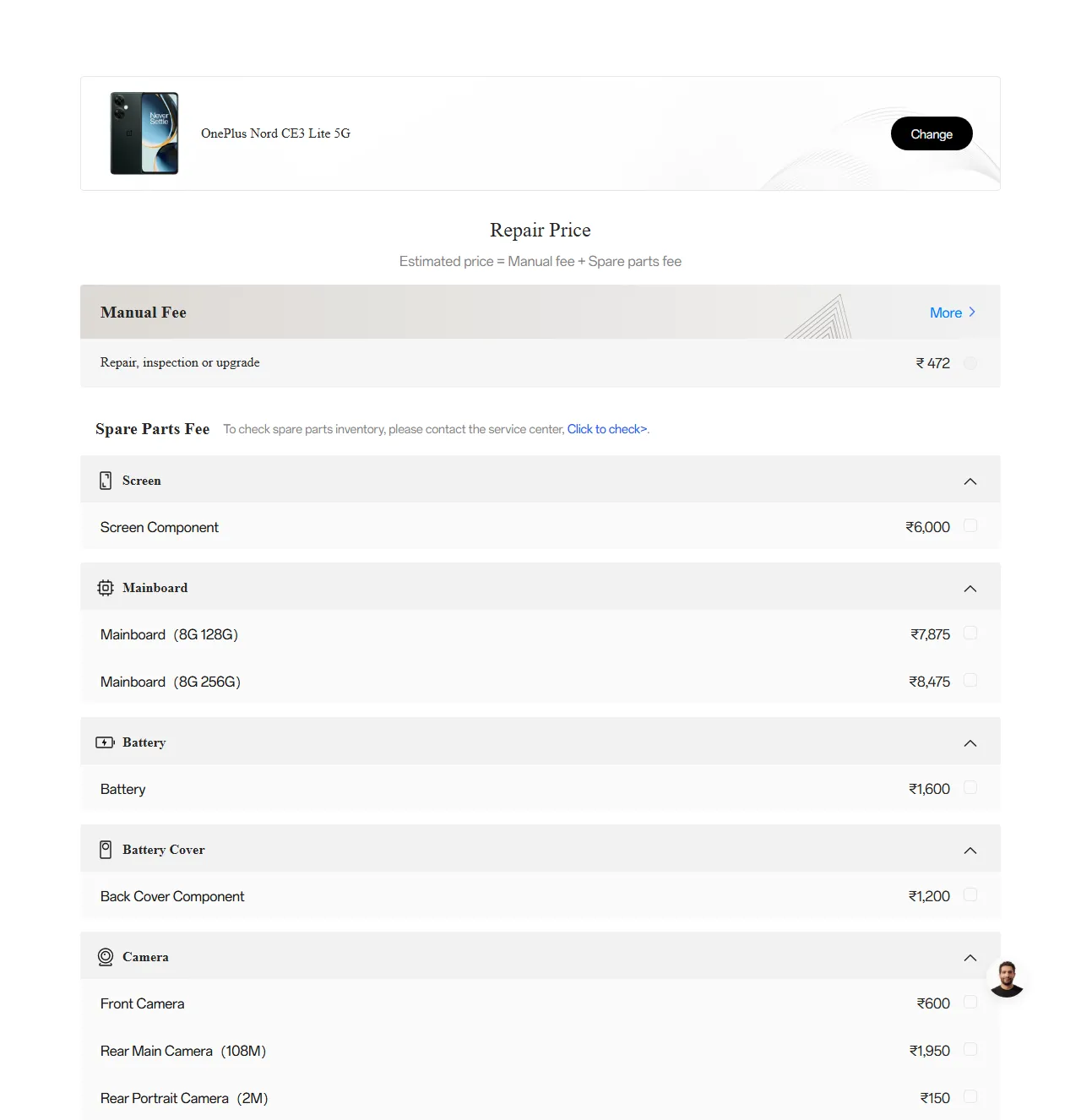 OnePlus Nord CE3 Lite 5G spare parts price list — official OnePlus India catalog