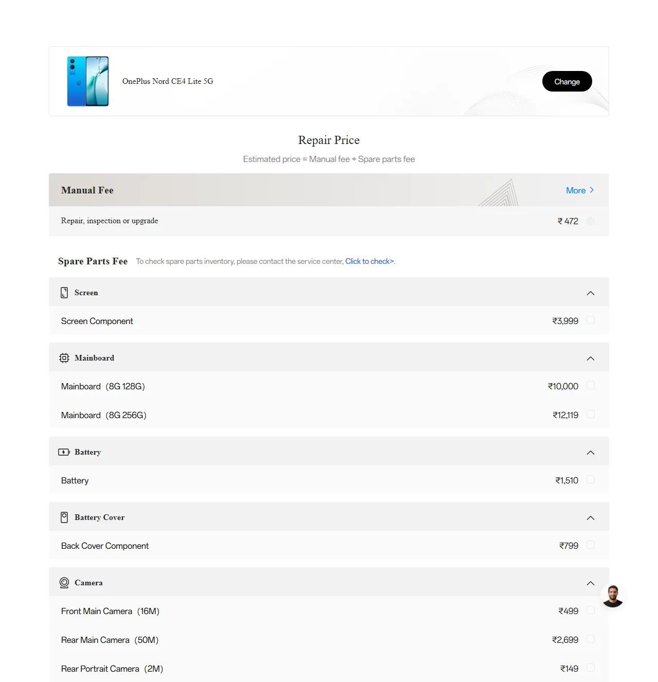 OnePlus Nord CE4 Lite 5G spare parts price list — official OnePlus India catalog