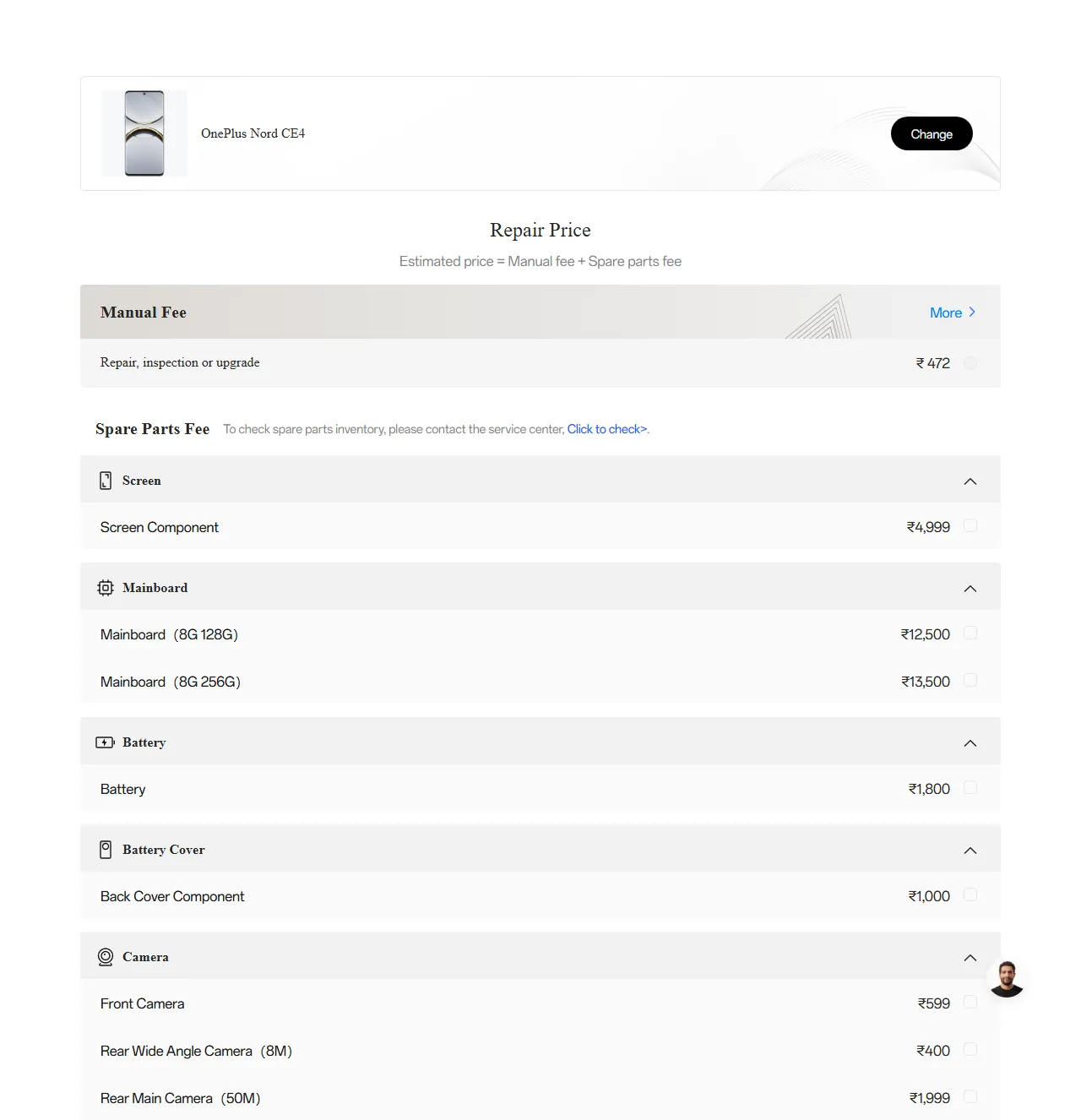 OnePlus Nord CE4 spare parts price list — official OnePlus India catalog