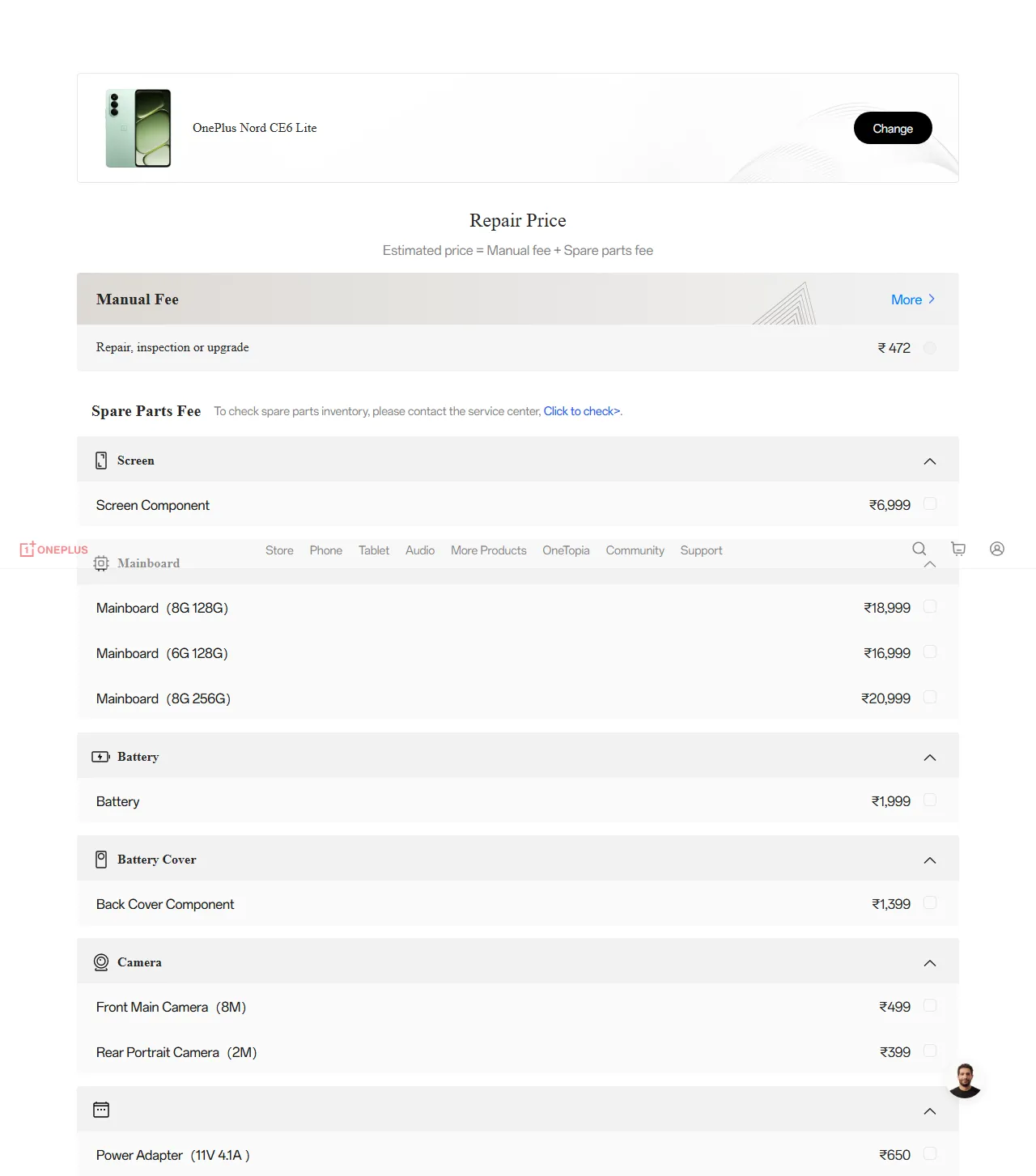 OnePlus Nord CE6 Lite spare parts price list — official OnePlus India catalog