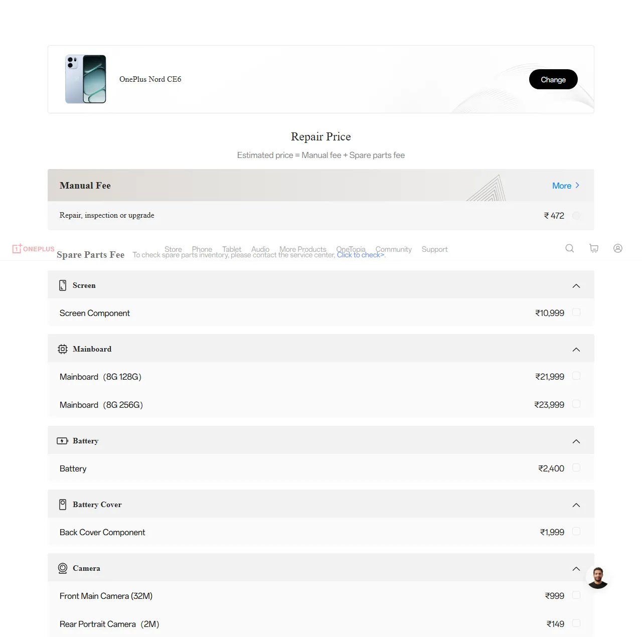 OnePlus Nord CE6 spare parts price list — official OnePlus India catalog