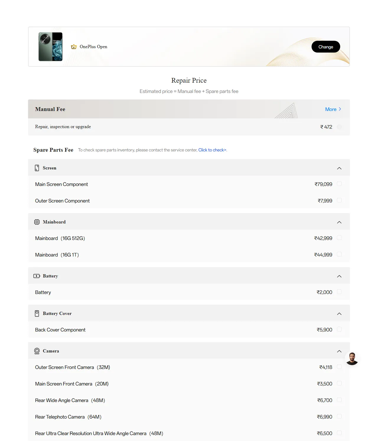 OnePlus Open spare parts price list — official OnePlus India catalog