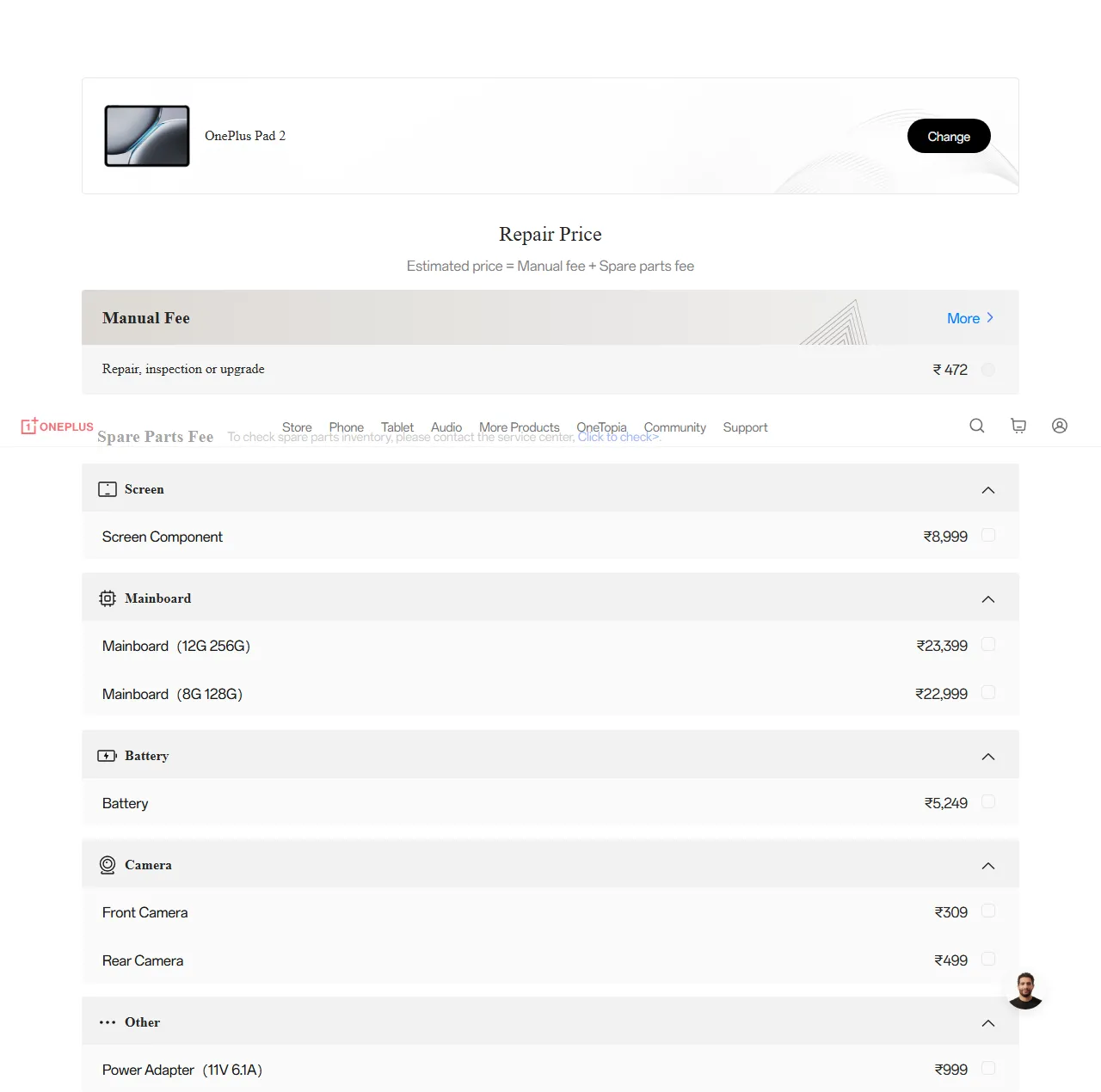 OnePlus Pad 2 spare parts price list — official OnePlus India catalog