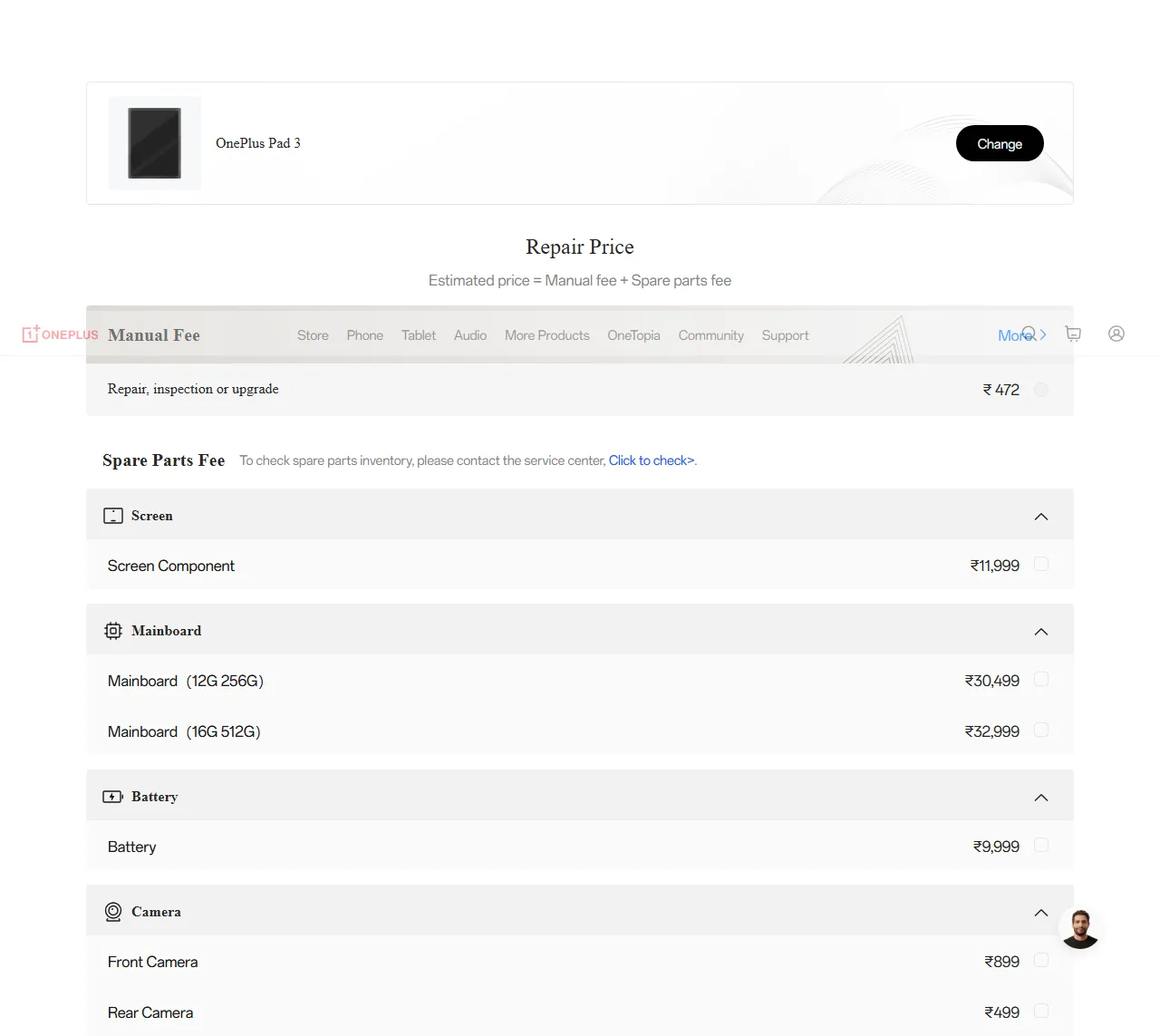 OnePlus Pad 3 spare parts price list — official OnePlus India catalog