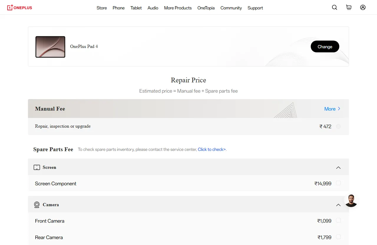 OnePlus Pad 4 spare parts price list — official OnePlus India catalog