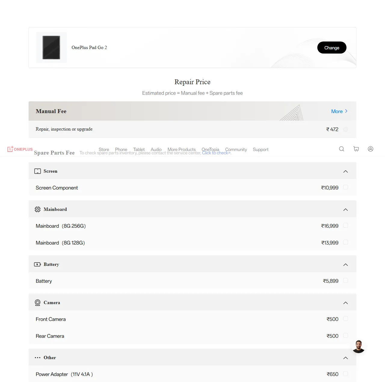 OnePlus Pad Go 2 spare parts price list — official OnePlus India catalog