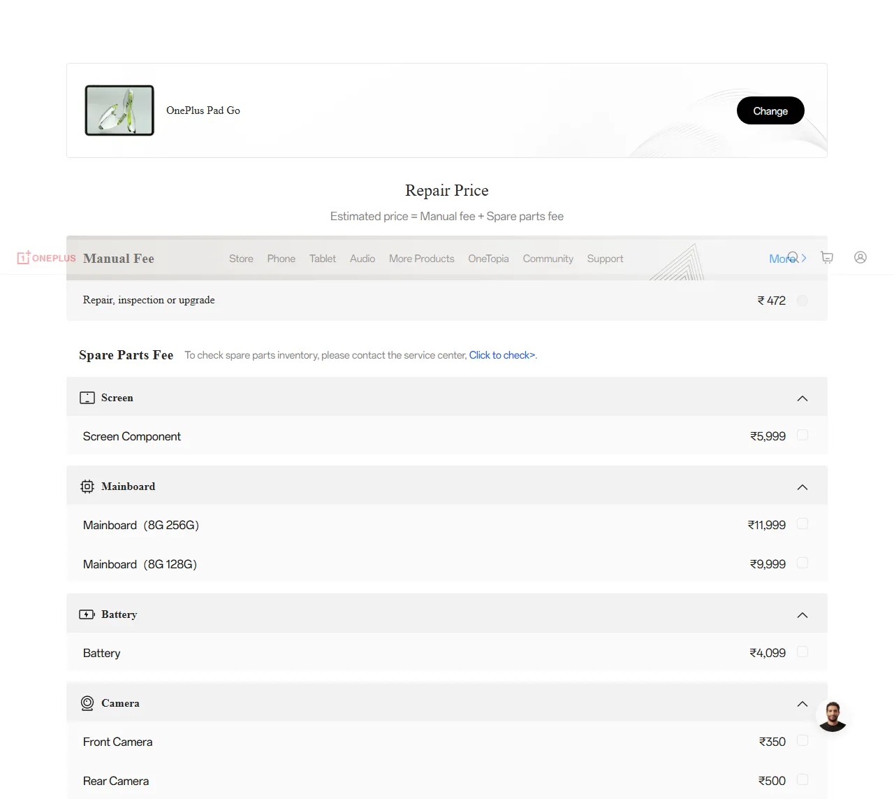 OnePlus Pad Go spare parts price list — official OnePlus India catalog