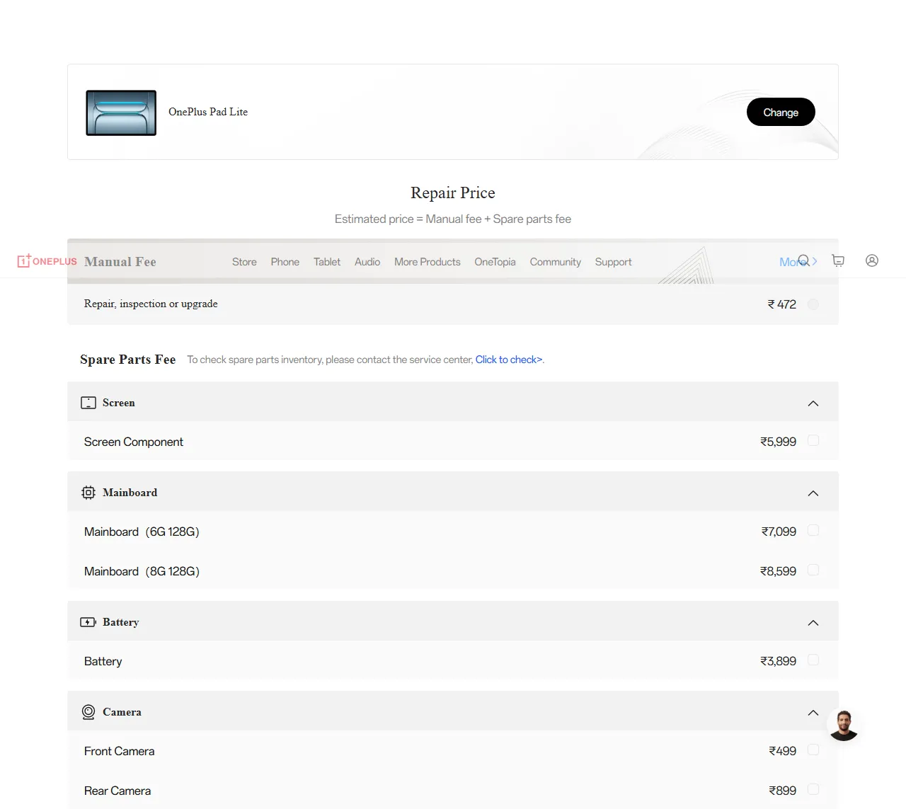 OnePlus Pad Lite spare parts price list — official OnePlus India catalog