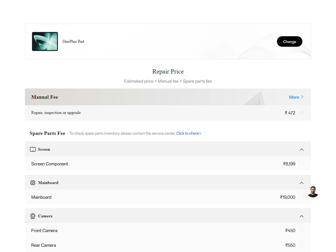 OnePlus Pad spare parts price list — official OnePlus India catalog