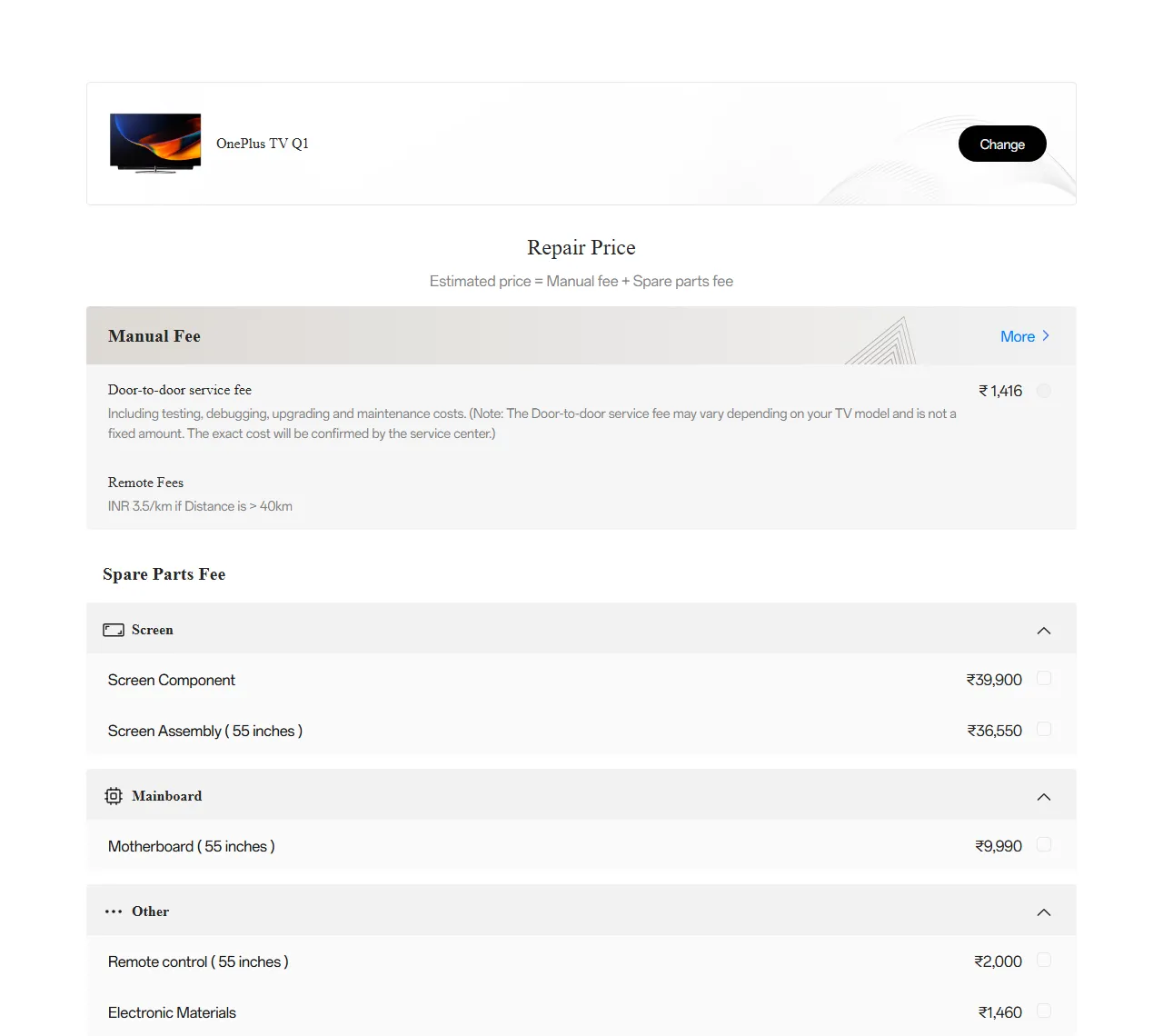 OnePlus TV Q1 spare parts price list — official OnePlus India catalog