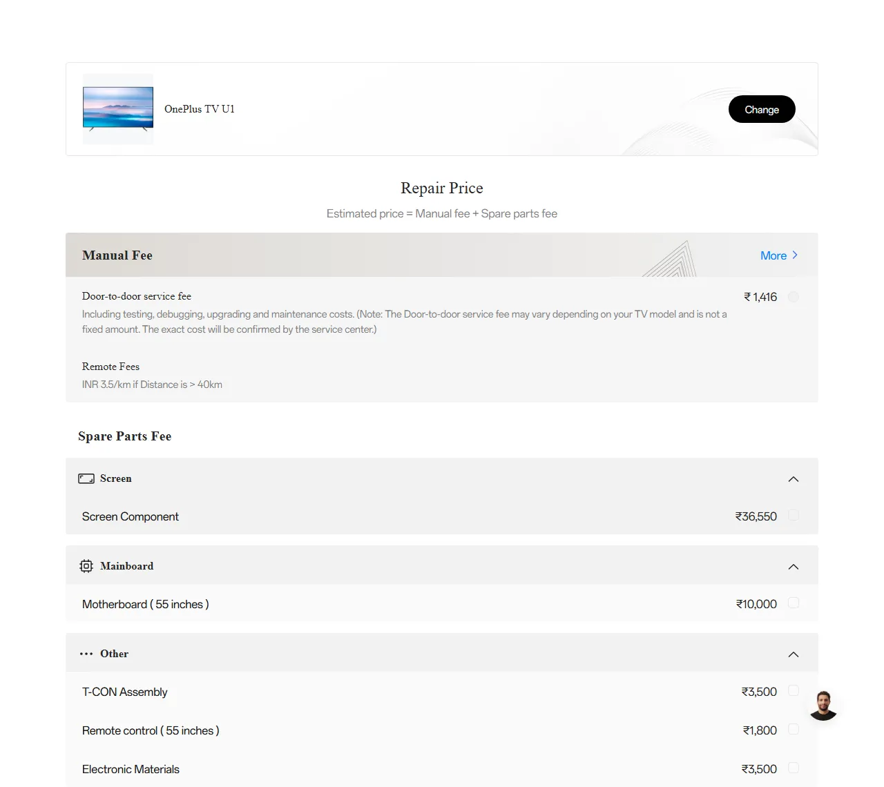 OnePlus TV U1 spare parts price list — official OnePlus India catalog