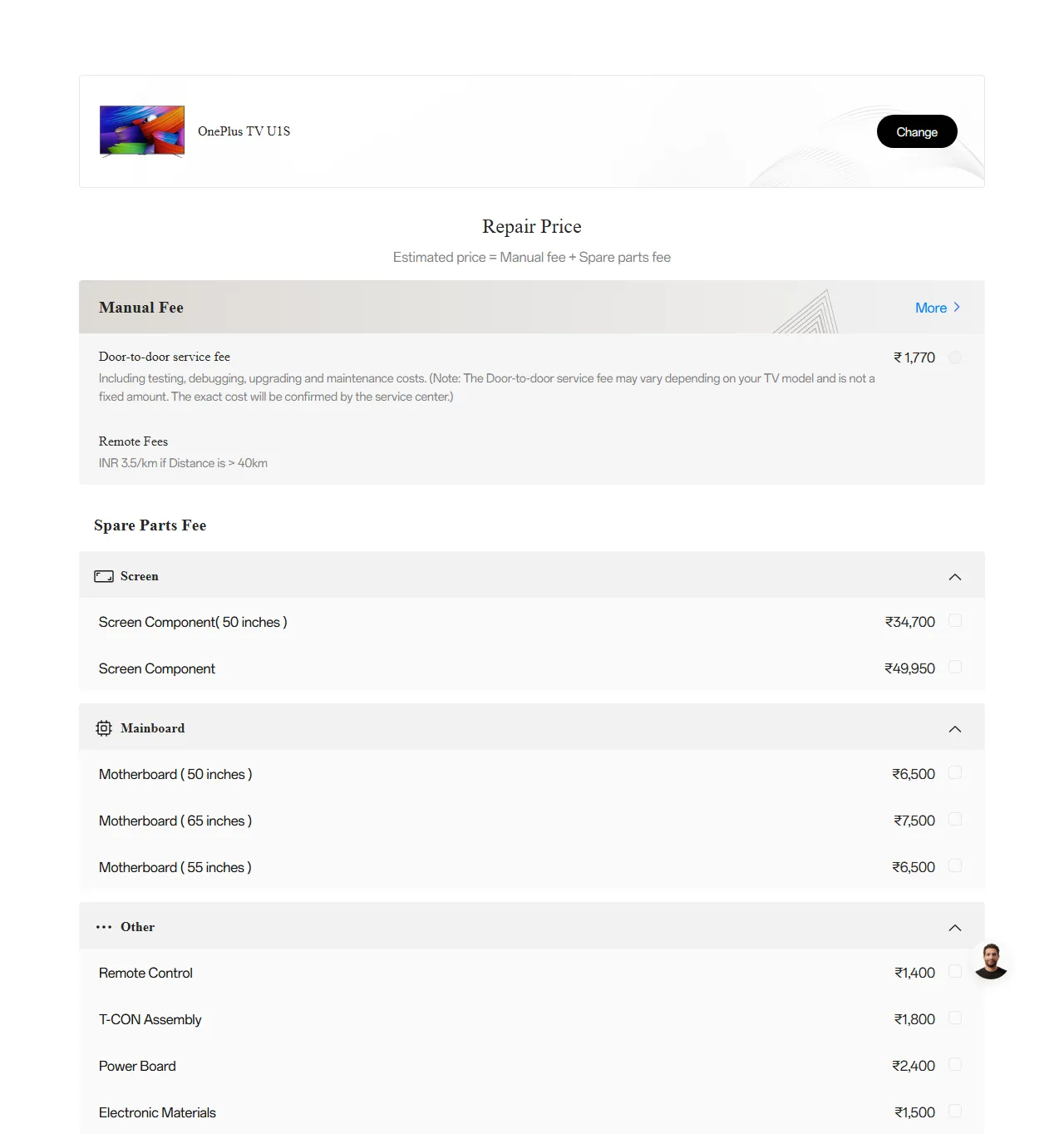 OnePlus TV U1S spare parts price list — official OnePlus India catalog