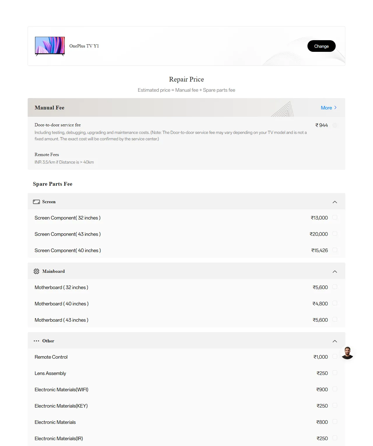 OnePlus TV Y1 spare parts price list — official OnePlus India catalog