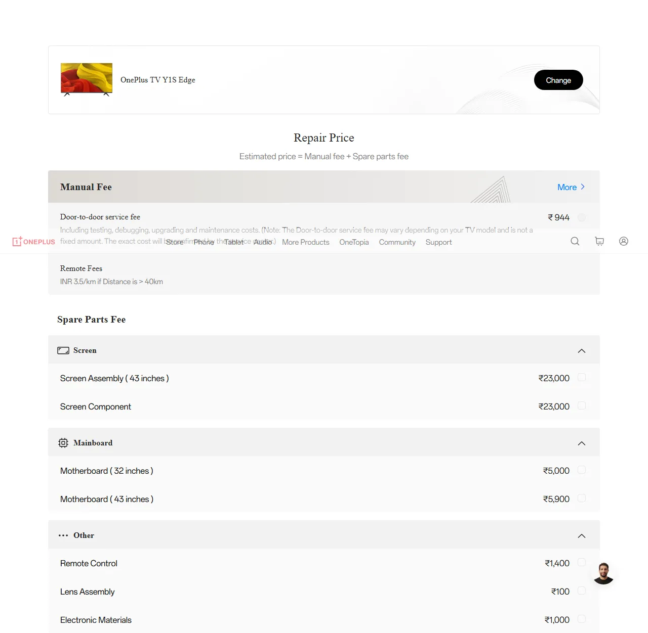OnePlus TV Y1S Edge spare parts price list — official OnePlus India catalog