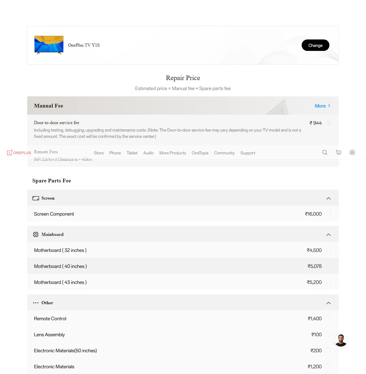 OnePlus TV Y1S spare parts price list — official OnePlus India catalog