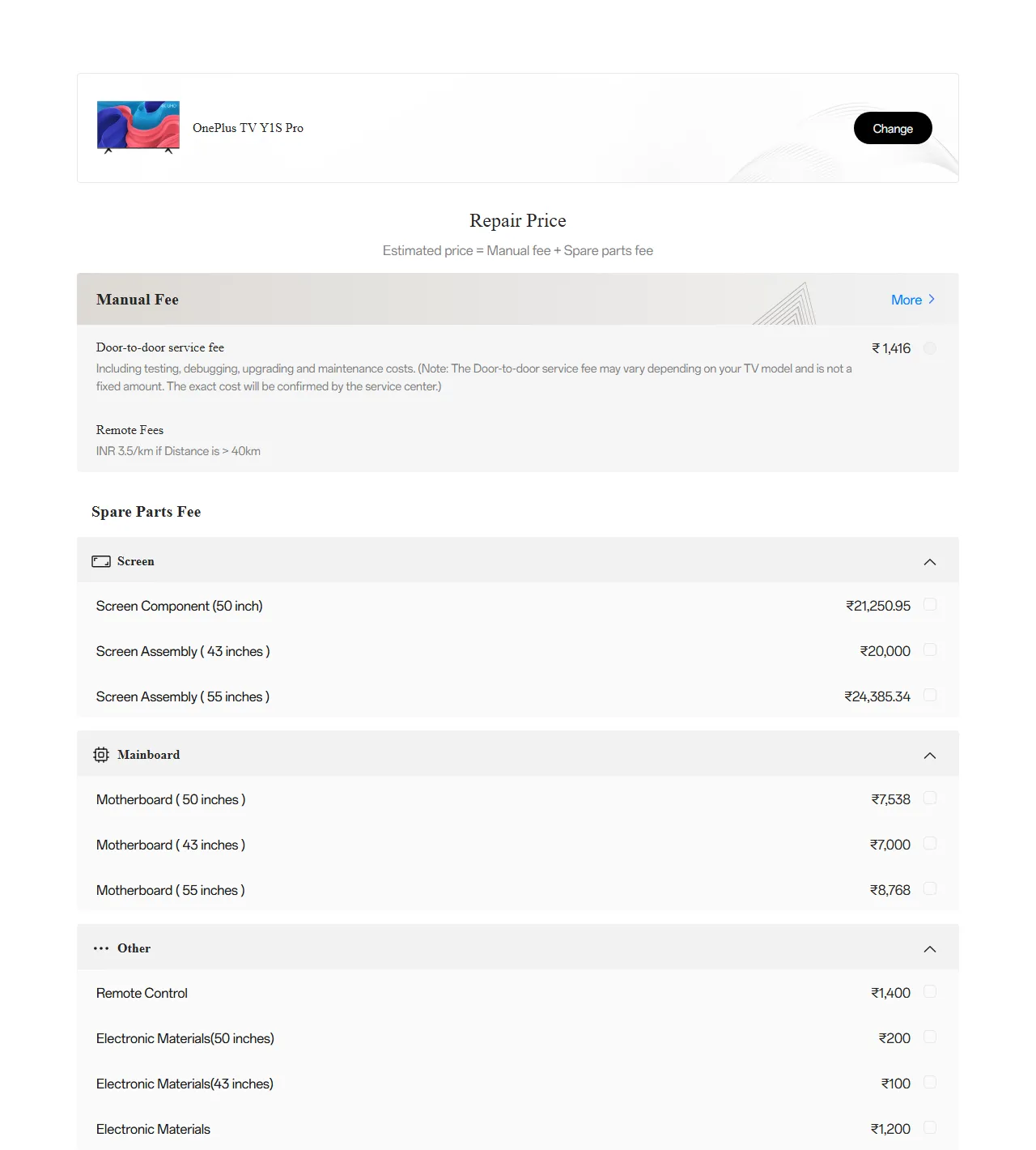 OnePlus TV Y1S Pro spare parts price list — official OnePlus India catalog