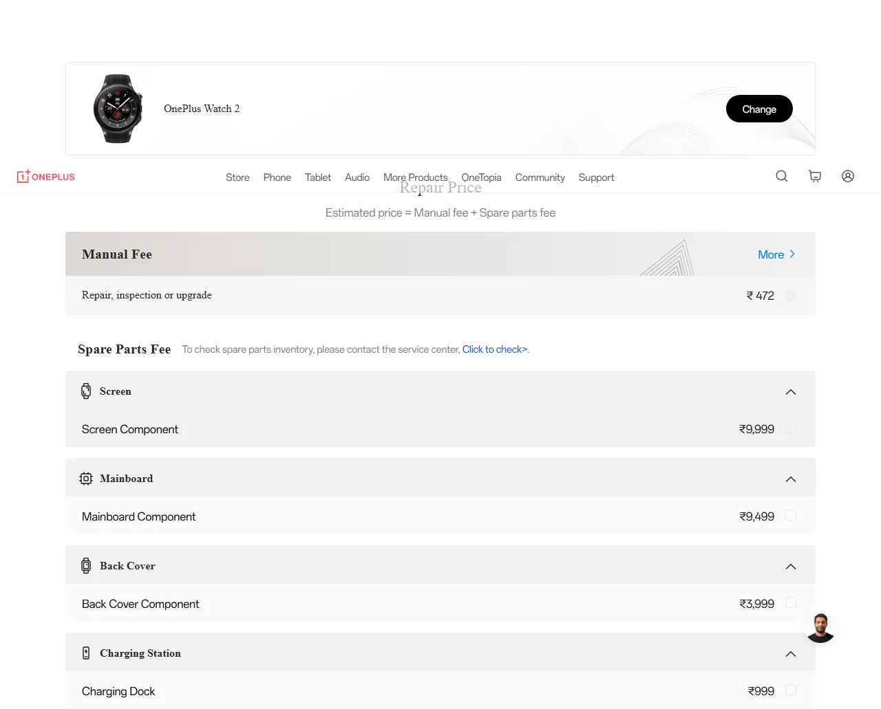OnePlus Watch 2 spare parts price list — official OnePlus India catalog