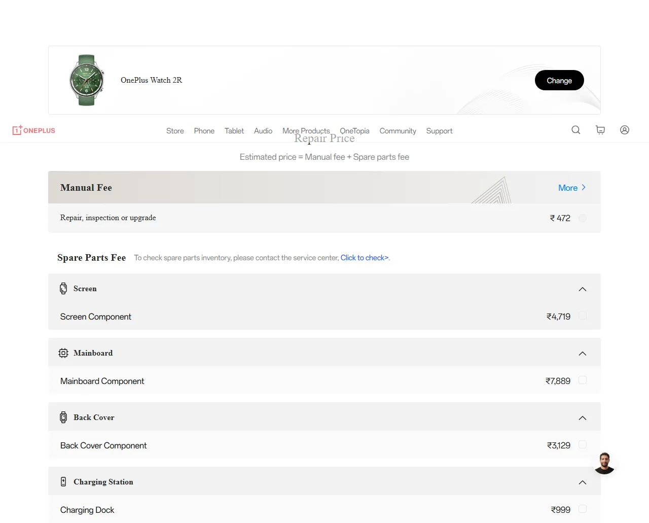 OnePlus Watch 2R spare parts price list — official OnePlus India catalog